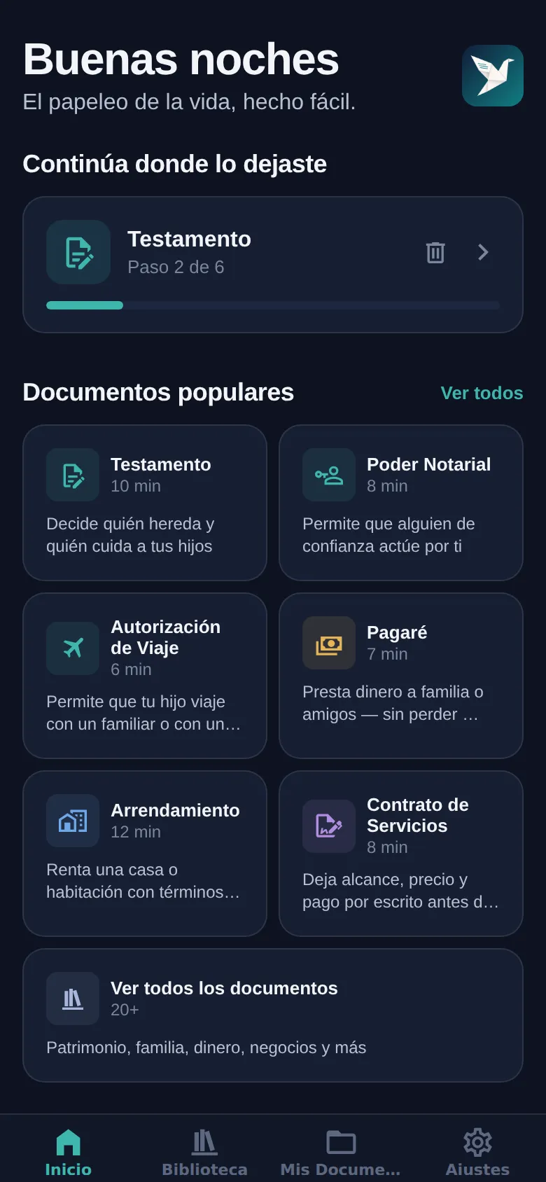 Pantalla de inicio de Paperbird con un borrador de Testamento en progreso listo para continuar en el paso 3 de 6, sobre documentos populares como el Poder Notarial