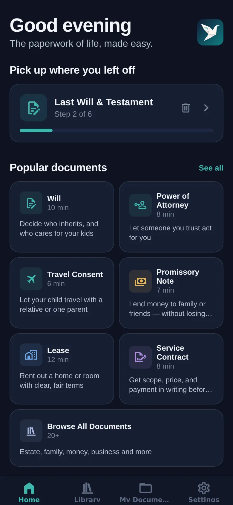 Paperbird home screen with an in-progress Will draft ready to resume at step 3 of 6, above popular documents like Power of Attorney