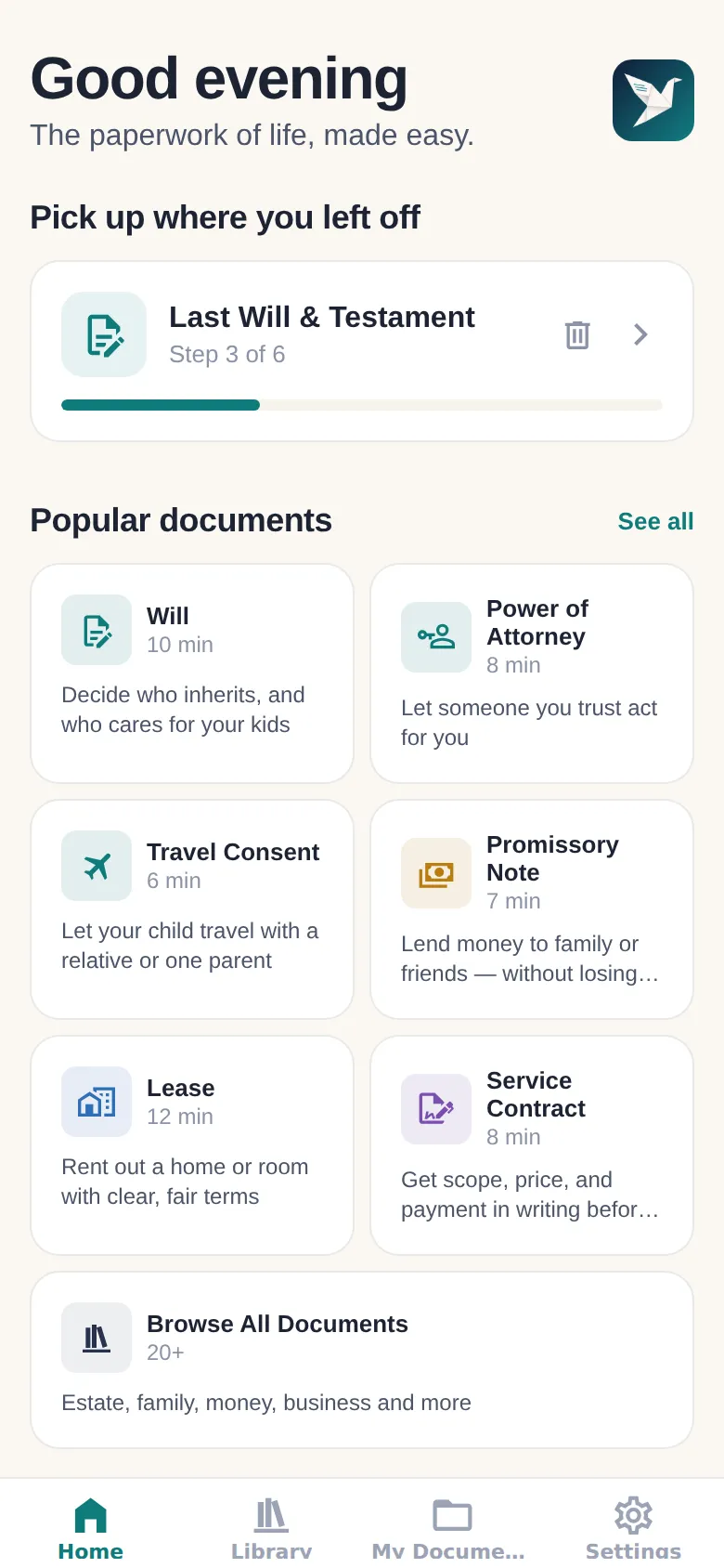 Paperbird home screen with an in-progress Will draft ready to resume at step 3 of 6, above popular documents like Power of Attorney