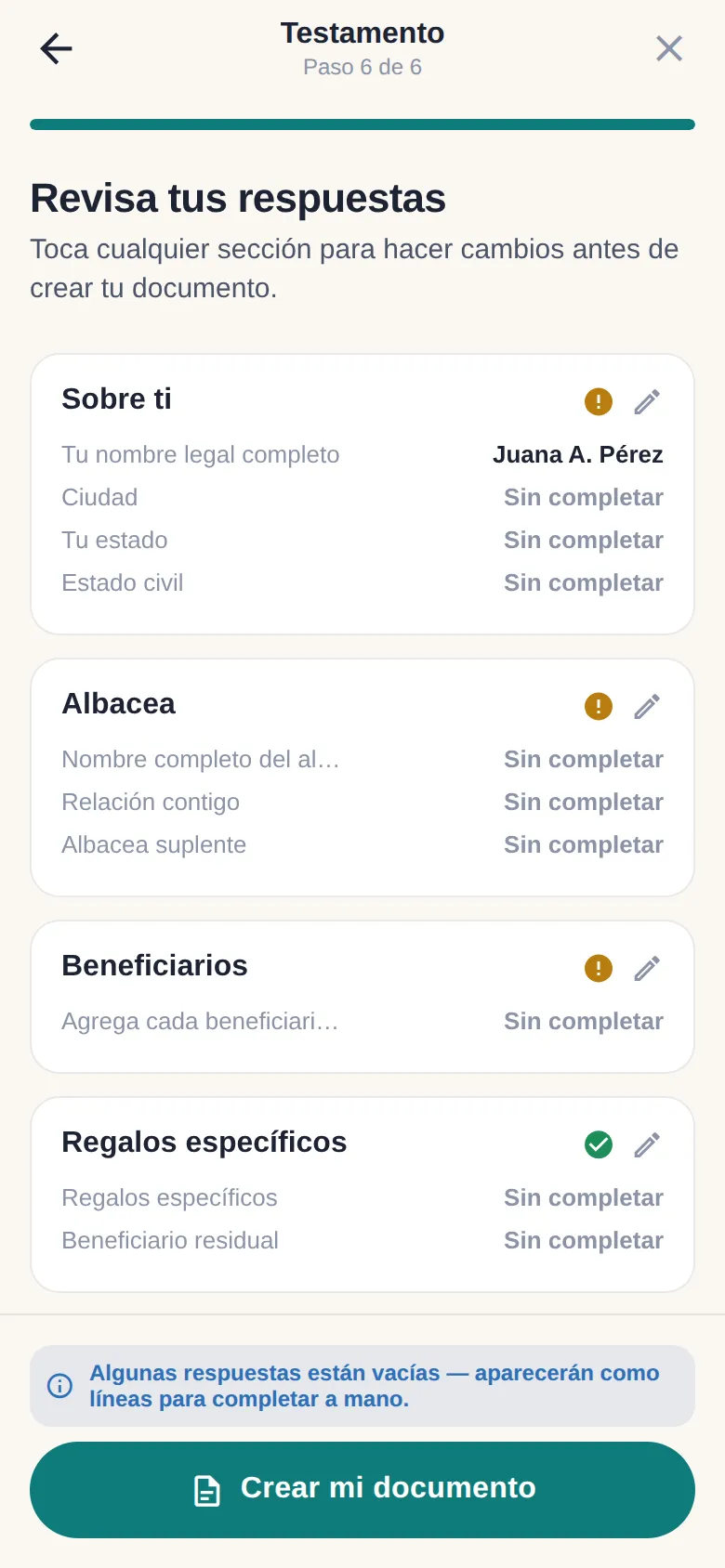 La pantalla de revisión que resume las respuestas antes de crear el documento