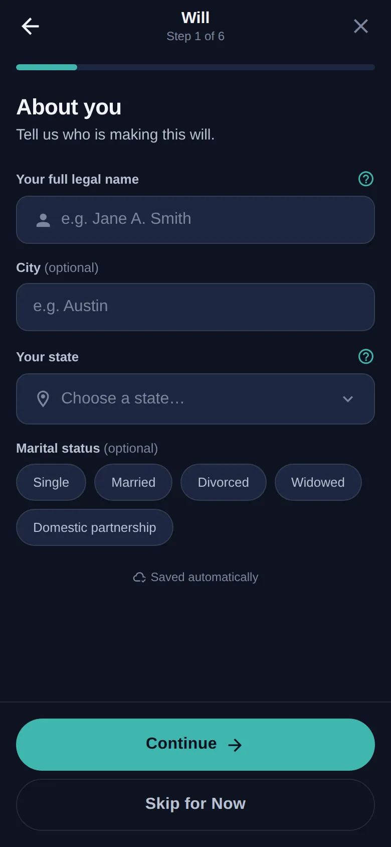 A wizard step asking plain-language questions with autosave and a Skip for Now option