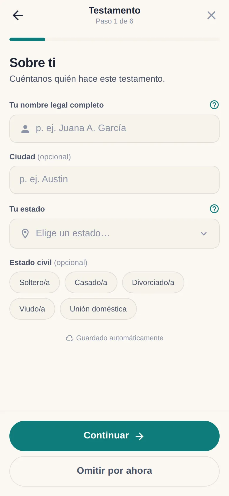 Un paso del asistente con preguntas en lenguaje sencillo, guardado automático y la opción de omitir