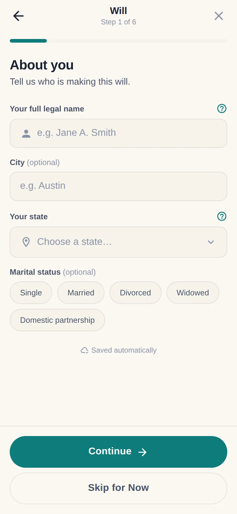 A wizard step asking plain-language questions with autosave and a Skip for Now option